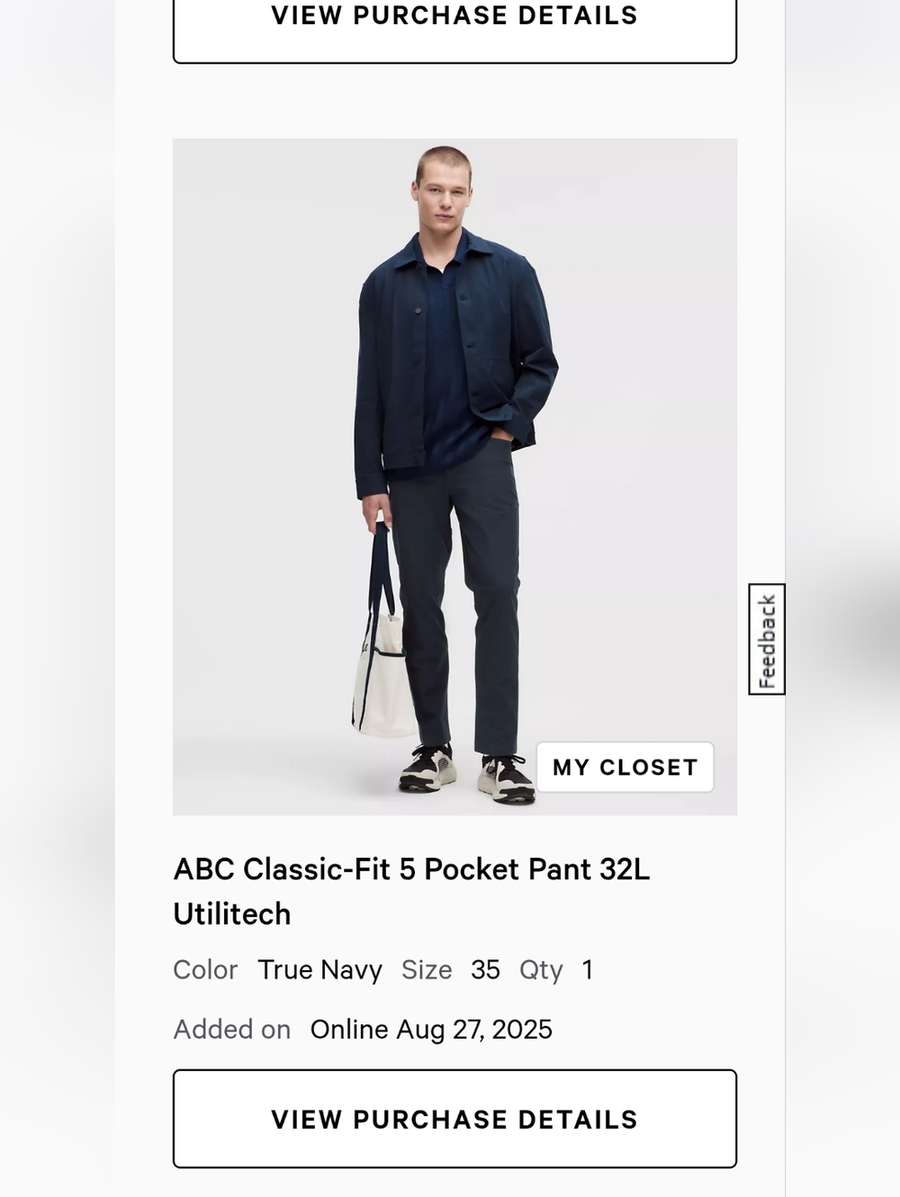 lululemon Men's ABC Classic Fit 5 Pocket Pant in Navy 35x32